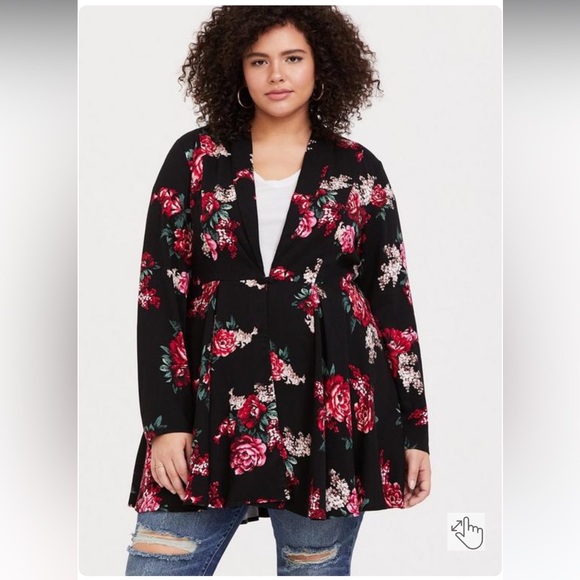 Torrid Black Floral Twill Fit & Flare Coat - Picture 2 of 5